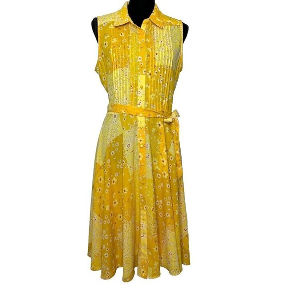Nanette Lepore Button Front Dress size 8 Yellow Floral Patchwork Pintuck - Picture 1 of 8